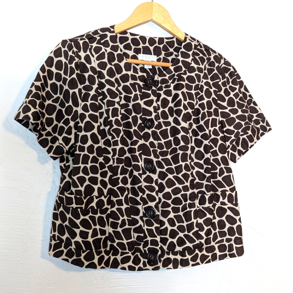Giraffe Print Linen Button Front Top Eclectic Maximalist Statement Funky Artsy